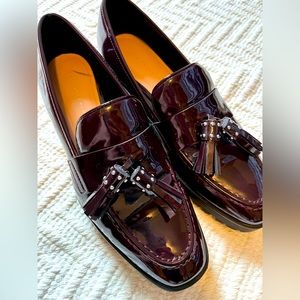 NEW ZARA Women's Trafaluc Dark MaroonPatent Leather Tassel Slip on Loafer 7.5